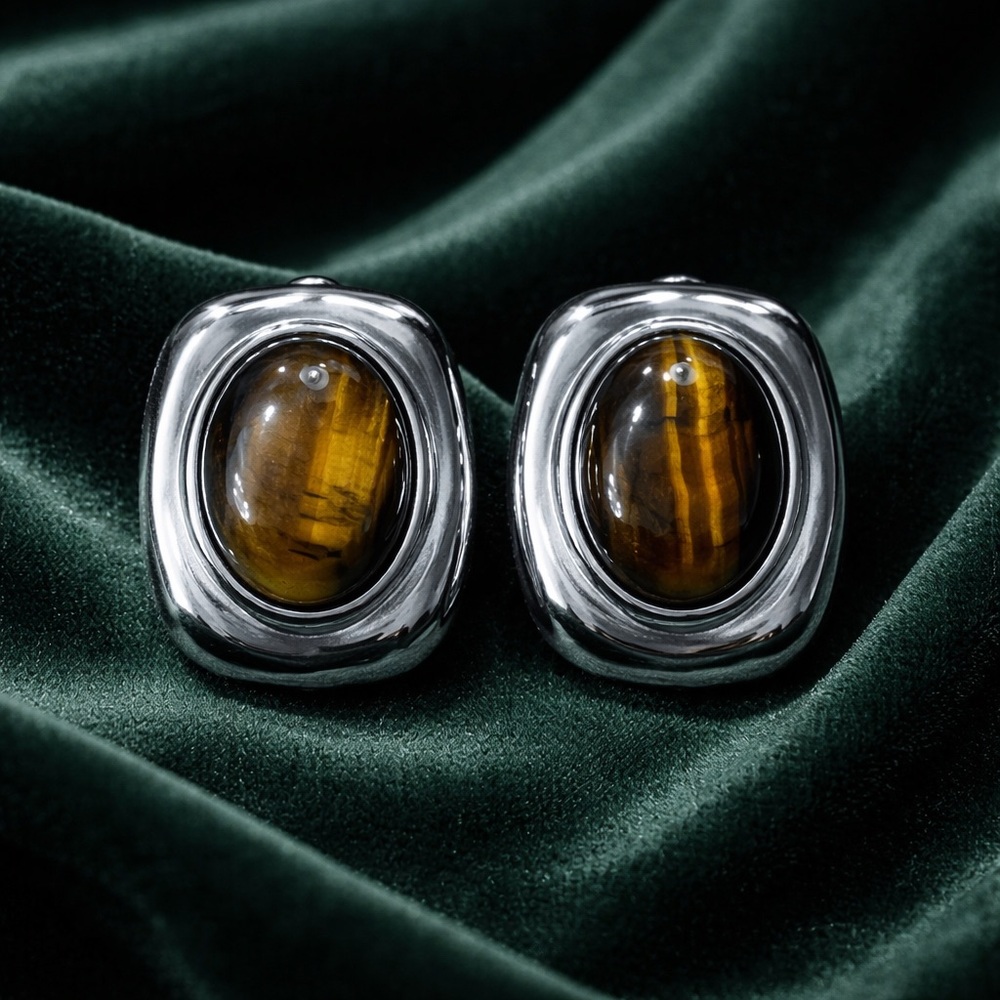 Tiger's Eye Oval Silver Earrings